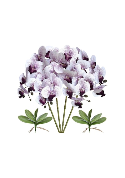 4lü Set Yapay Çiçek Beyaz Mor Çilli Islak Orkide Ve 2 Adet Orkide Yaprağı Gerçeksi Doku Uzun Dal 90cm