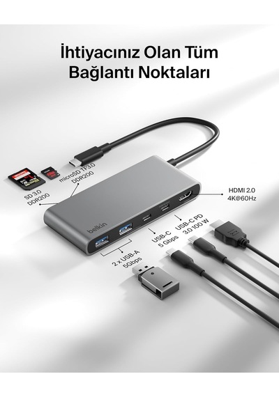 Belkin Avc023 7in1 100w Usb-c Multiport Hub 2x Usb-c , 2x Usb-a , 1x Hdmı 4k 60hz , Sd&micro Sd Card Reader - Uzay Grisi