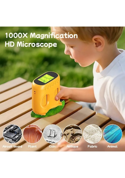 387 Sarı 2'si 1 Arada Dijital Çocuk Mikroskobu & Dürbün - 1000x Büyütme, 1000 Metre Menzil, 2 Mp Full Hd Ekranlı Eğitici Bilim Kiti