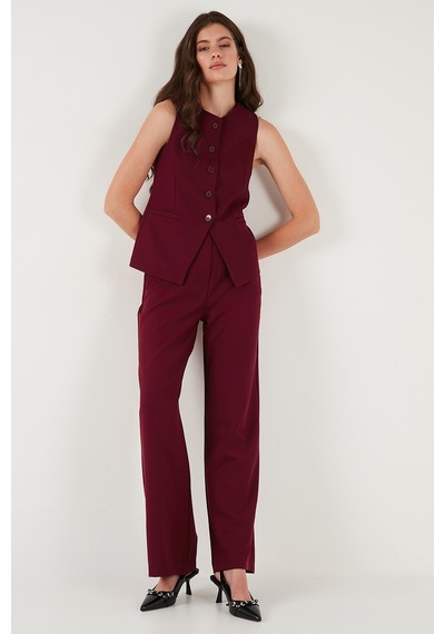 Lela Regular Fit Bisiklet Yaka Kolsuz Düğmeli Basic Bluz Bayan Yelek 65200004 Bordo