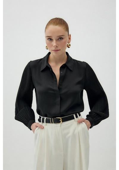 Sateen Plise Kollu Gömlek - Siyah-137085 Siyah