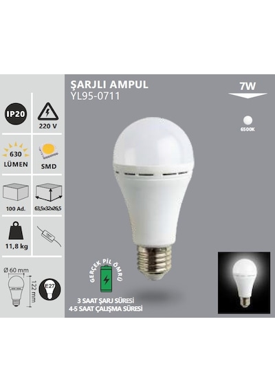 Noas: 7w Şarjlı Led Ampul, Beyaz 6500k Yl95-0711