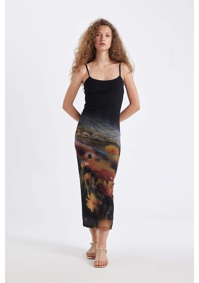 DeFacto Bodycon Vücudu Saran Askılı Desenli Tül Askılı Maxi Elbise D5034AX24AUYL189