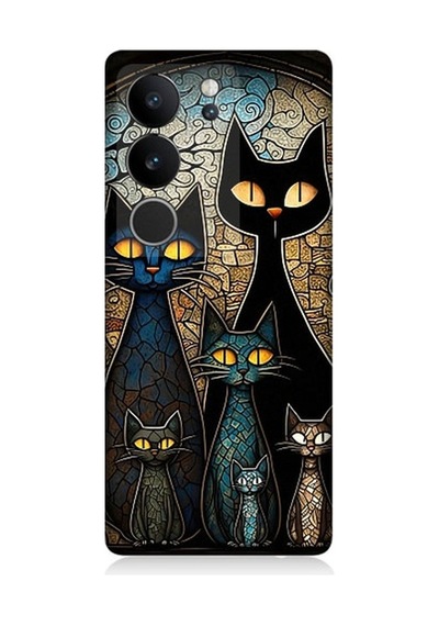 Vivo V29 5g Uyumlu Vitray Kedi Ailesi Desenli Silikon Kılıf