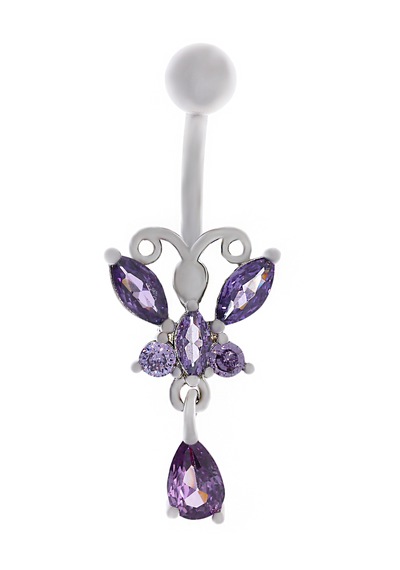 Kadın Mor Kelebek Model Sallantılı Çelik Piercing Gümüş