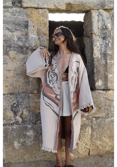 Elif Towels Özel Tasarım Ekru Renk Kaplan Desenli Kimono Kaftan Ekru