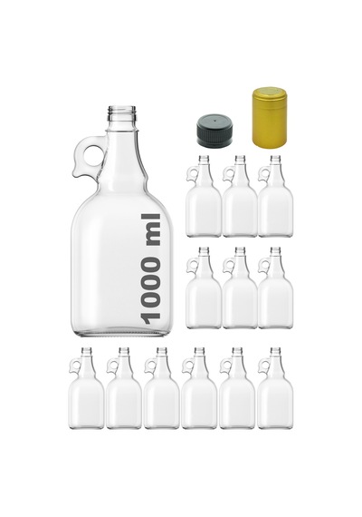 Afracam Galon Şeffaf 1000 ML Kilitli Kapak ve Kapüşonlu Cam Şişe 12 Adet