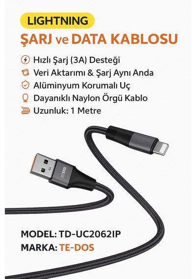 Apple Uyumlu iPhone 1 Metre Lightning Hızlı Şarj Ve Veri Aktarım Kablosu 3a Güçlü Akım Naylon Örgü Dayanıklı Tasarım