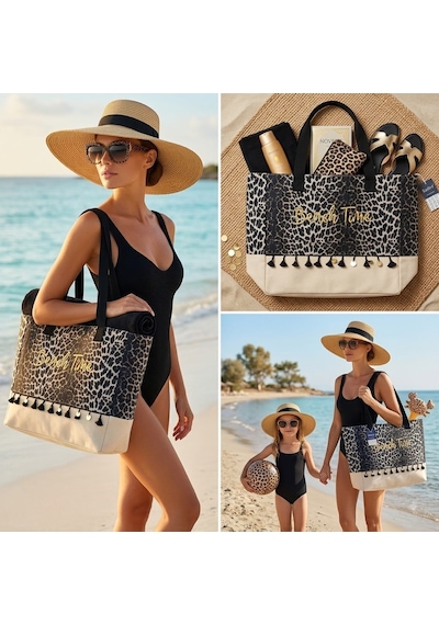 Kadın Leopar Desenli "beach Time" Gold Nakışlı Plaj Çantası - Püsküllü Kanvas Yazlık Omuz Çantası Çok renkli