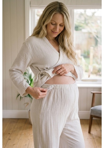 Combattente Exclusive Products Combattente Pamuk Müslin Hamile Lohusa Karın Üstü Pijama Takımı ekru