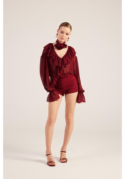 Holly Lolly Fırfırlı Güllü Choker Aksesuarlı Şifon Sassy Gömlek Bordo