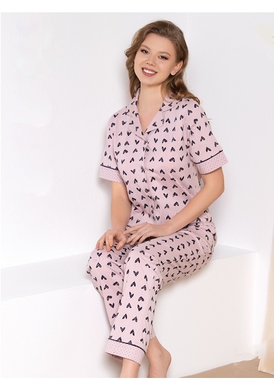 Over Sleep By Poleren Over Sleep 538 Kadın Pamuk Yazlık Pijama Takım Pudra