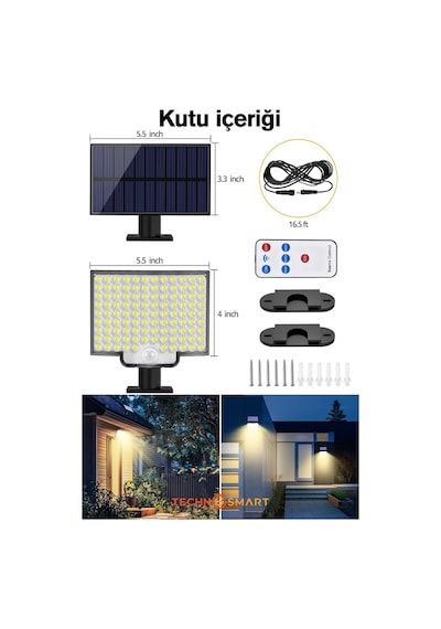 Technosmart Güneş Enerjili Bahçe Aydınlatması 106 Led, Sarı Işık, Kumandalı Ip65 Solar Duvar Lamba