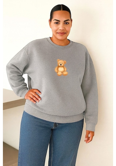 Benroma 3 İplik Penye Ayıcık Baskılı Büyük Beden Unisex Sweatshırt Gri