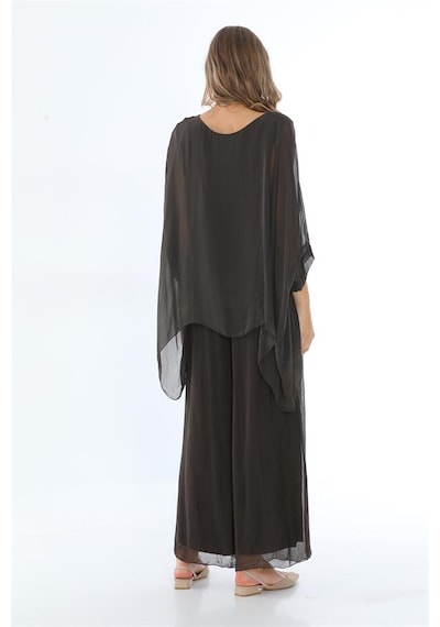 Bohem Stil İtalyan Yarasa Kol İpek Bluz & Pantolon Takım-8767 Kahverengi
