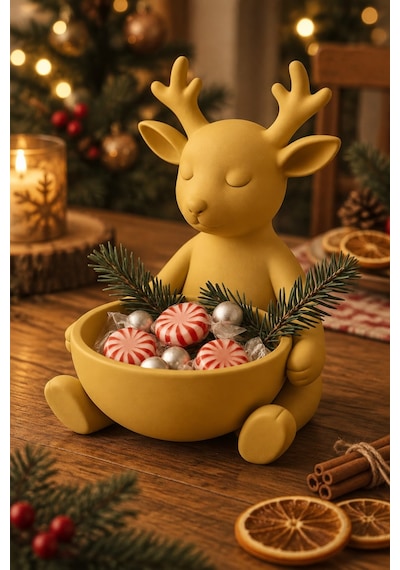 Ren Geyiği Figürlü Çok Amaçlı Kase Noel Sunum Kabı Altın