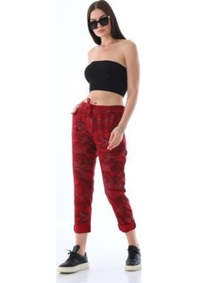Eren Style Italyan Beli Bağlamalı Kamuflaj Desenli Dar Paça Pantolon-9078 Kırmızı