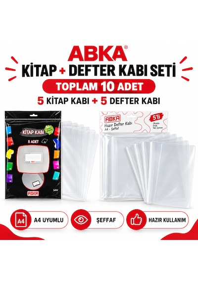 Abka A4 Şeffaf Hazır Kitap Ve Defter Kabı Seti 10'lu - 5 Kitap + 5 Defter Kabı