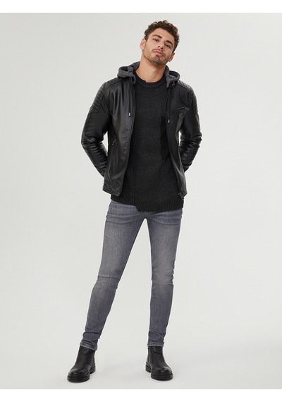 Slim Fit Erkek Mont Pu Siyah