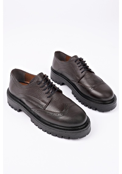 Muggo Amour Bağcıklı Hakiki Deri Kalın Taban Günlük Casual Makosen Kadın Loafer Ayakkabı Kahverengi