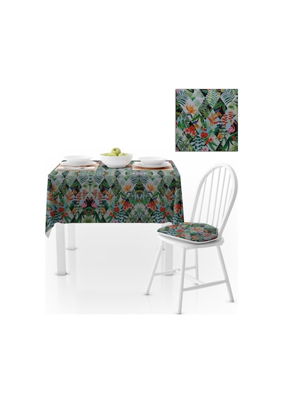 Flamingo Papağan Desenli Baklava Dilimli Yeşil Dijital Baskılı Petek Dokuma Masa Örtüsü 140x140