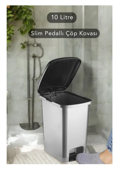 Slim Pedallı Banyo Mutfak Çöp Kovası 10 Litre Ergonomik Tasarım Plastik Malzeme İle Kullanışlı Gri