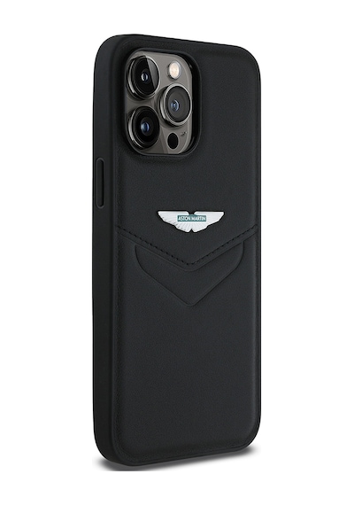 Apple Uyumlu iPhone 14 Pro Max Kılıf Aston Martin Lisanslı Victory Dizayn Deri Metal Logolu Kapak Siyah