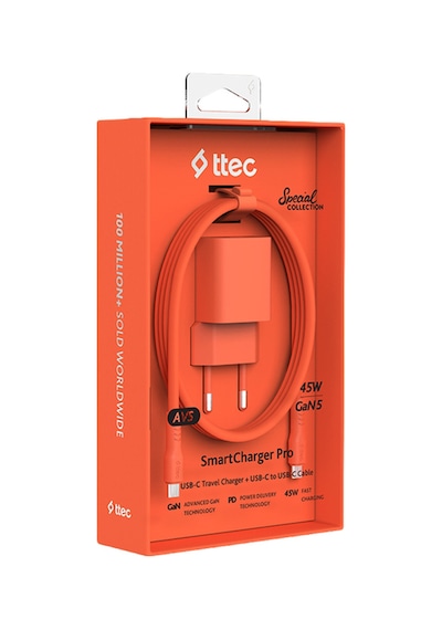 Ttec Smartcharger Gan 45W Avs PD Seyahat Hızlı Şarj Aleti + USB-C - USB-C 3A 120 CM Kablo Neon Turuncu