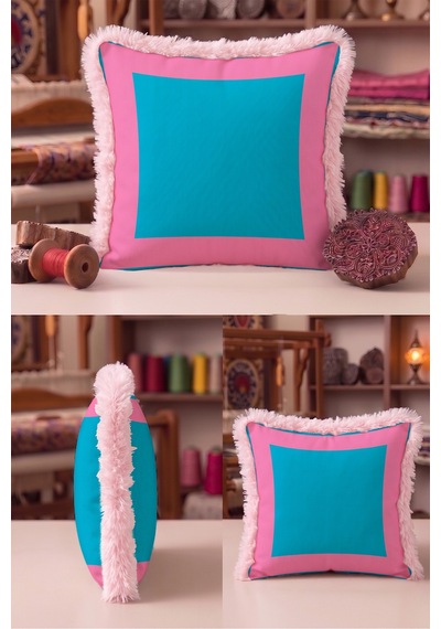 Pop Renkli Çerçeveli Saçaklı Yastık Kılıfı - Retro Boho Turkuaz Krem Püsküllü Kırlent Kılıfı Yalın Düş Ritüel