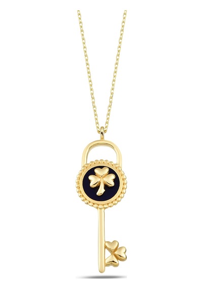 Debora Jewelry 14 Ayar Altın Çiçekli Mineli Kilit Lacivert Kolye