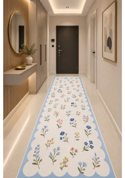 Renkli Floral Desen Mavi Çerçeveli Baskılı Kaymaz Yıkanabilir Salon Oturma Odası Mutfak Balkon Halısı Yolluk