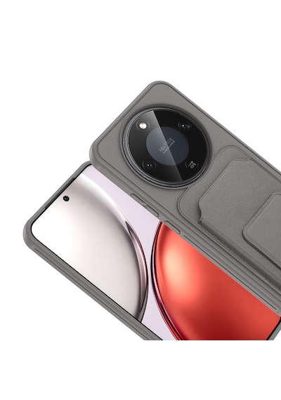 Honor Magic 8 Lite 5g Kılıf Arka Yüzey Kartlıklı Deri Doku Premium Silikon Standlı Özelliği Kapak Gri