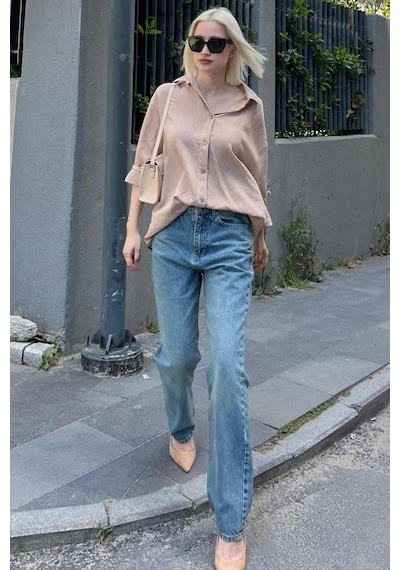 Madmext Bej Uzun Kollu Çizgili Oversize Gömlek Mg2080-bej Bej