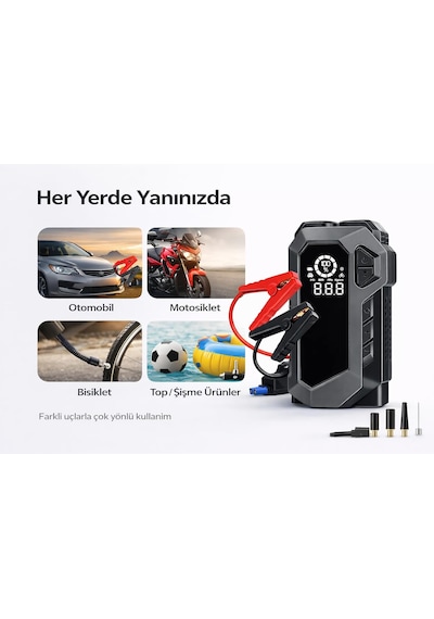 Tr Q18 Jump Starter 12000 Mah Çok Fonksiyonlu Akü Takviye Cihazı Ve Hava Kompresörü, 12v, Dijital Ekran, Led Işık