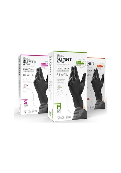 Reflex Slimfit Pudrasız Copolymer Siyah Eldiven, Tek Kullanımlık, Gıda Uyumlu, Yırtılmaya Dayanıklı, Lateks İç