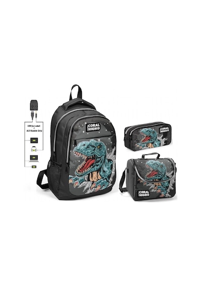 Coral High Erkek Çocuk Dinazor Desenli 3'lü Çanta Takımı - Usb So
