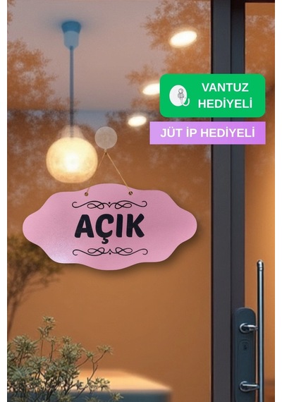 Dekoratif Açık-kapalı Tabelası Jüt İp Ve Vantuz Hediyeli - Pembe
