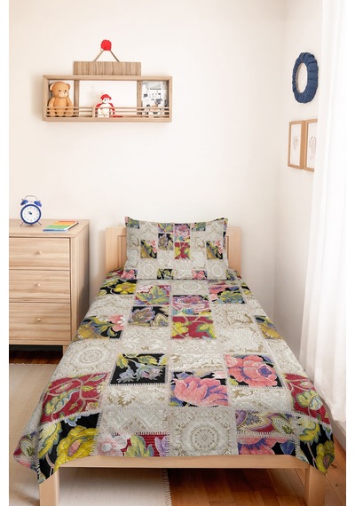 Çiçekli Patchwork Bej Tek Kişilik Pike Takımı - Vintage Krem Pembe 160x220 Cm Mevsimlik Yatak Örtüsü Kırsal İpek Dengesi
