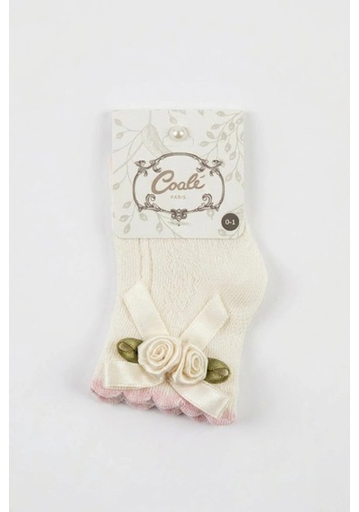 Cocole Socks Kız Çocuk Aksesuarlı Soket Çorabı Tekli Pamuklu Güllü Ekru Desenli