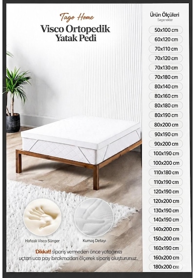 Tago Home Visco Ortopedik Yatak Koruyucu Yatak Pedi & Yatak Şiltesi Lastikli Fermuarlı 100 x 200