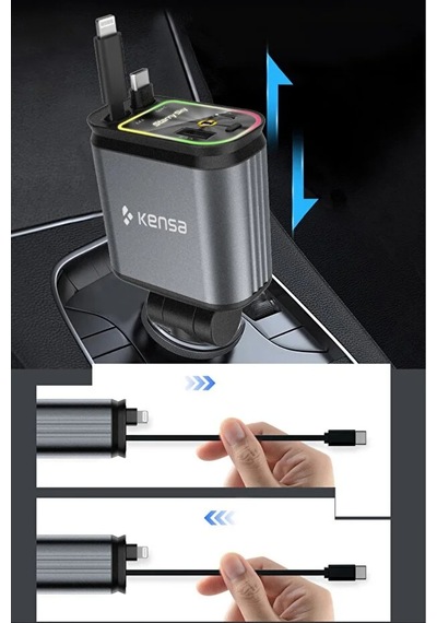 4 Ü 1 Arada 100w Araç Şarj Cihazı Type-c + Lightning Usb-c & Usb-a Led Atmosfer Işığı 180