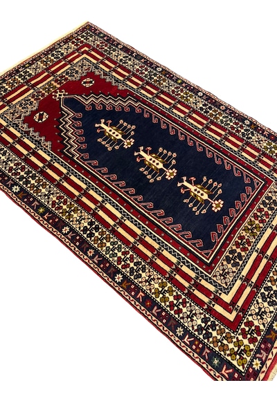 El Dokuma Taşpınar Halısı 125x200 Kök Boya Kırmızı Lacivert %100 Yün Halı