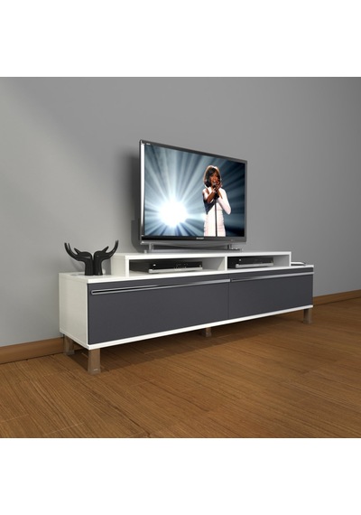 Decoraktiv Ekoflex 4 Mdf Krom Ayaklı Tv Ünitesi Tv Sehpası Beyaz - Antrasit