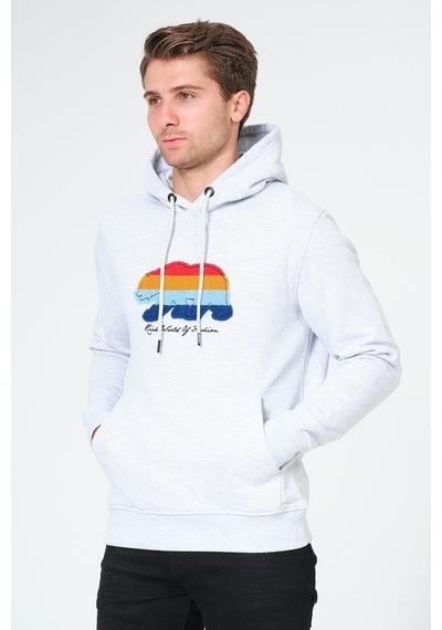 Süzene Nakış Ayı Baskılı Kapüşonlu Gri Sweatshirt Polarlı Çok Renkli
