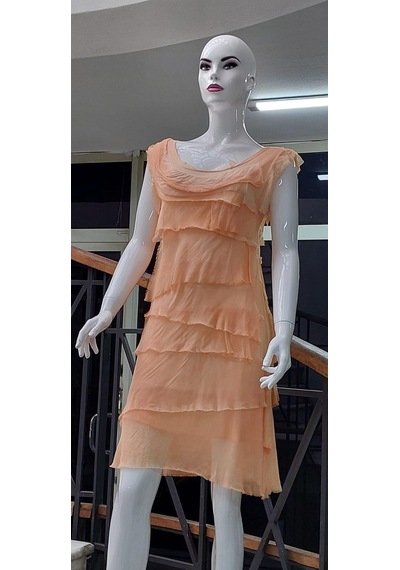 Bohem Stil Kat Kat Taşlanmış Mini İpek Elbise Şeftali Turuncu