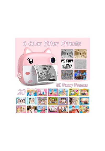 Çocuk Fotoğraf Makinesi Dijital Hd Video Kamera Anlık Termal Resim Kağıt Baskılı Yazıcı Pink - 587427494