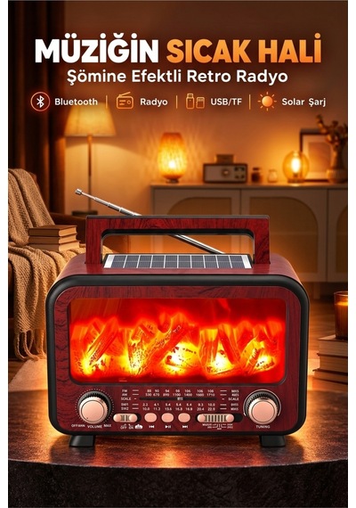 Şömine Efektli Retro Radyo Ve Bluetooth Hoparlör Solar Güneş Enerjili, Alev Işıklı, Taşınabilir Nostaljik Kamp Radyosu Kahverengi - 936928908