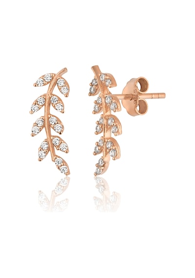 Zanaatsilver 925 Ayar Gümüş, Zirkon Taşlı Rose Kaplama Yaprak Modeli Küpe