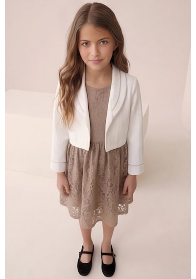 Fesshera Kids Kız Çocuk Dantel Elbise Bolero Ceket Takım 9-12 Yaş Kahverengi