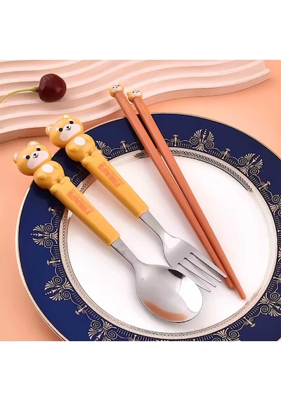 Hayvan Figürlü Çocuk Çatal Kaşık Ve Chopstick Seti 3'lü Takım Pembe